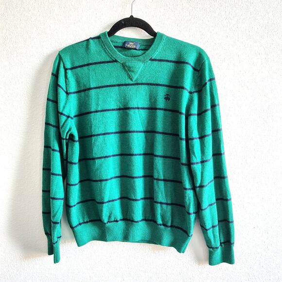 Brooks Brothers Mens Large Green Blue Stripe Crewneck Merino Wool Sweater Preppy - Picture 1 of 7